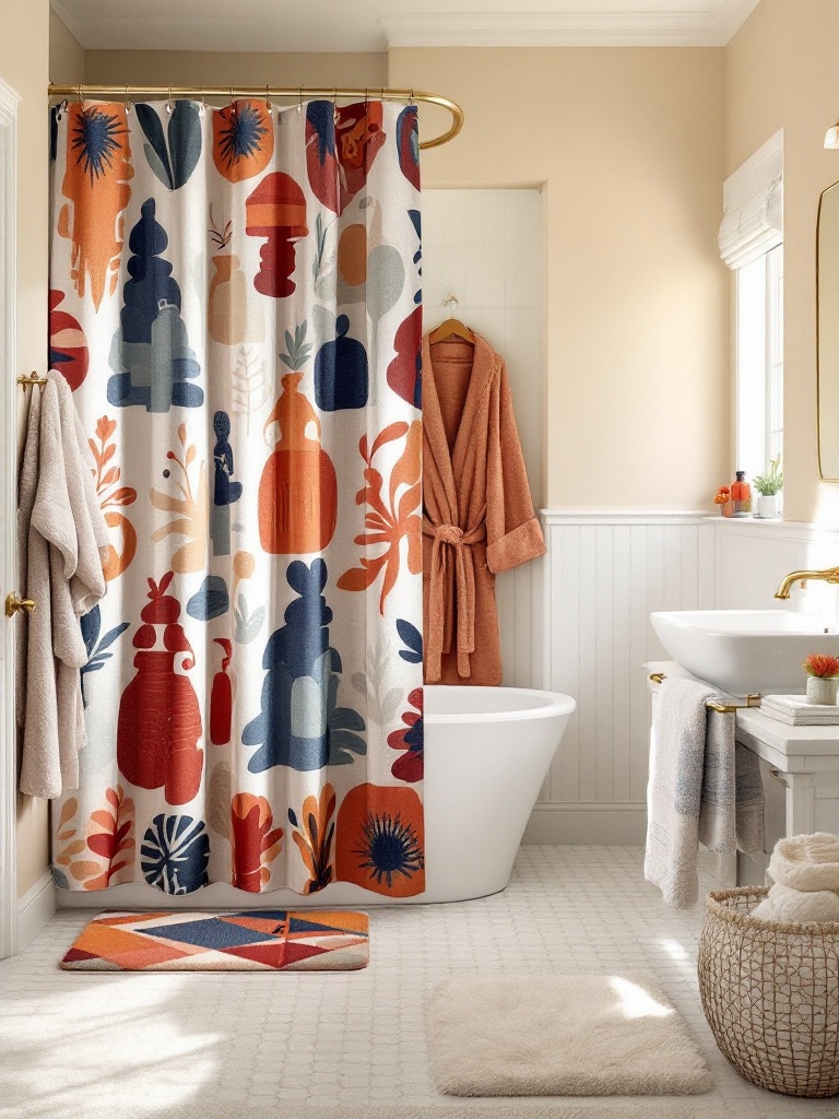 Luxurious layered textiles in a preppy bathroom: plush rugs, soft bathrobes, vibrant shower curtains.