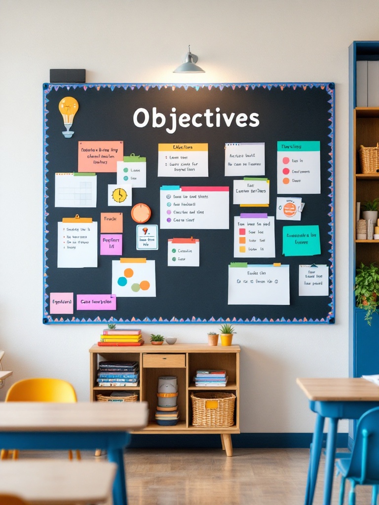 A colorful wall displaying learning objectives and interactive visual trackers for student engagement.