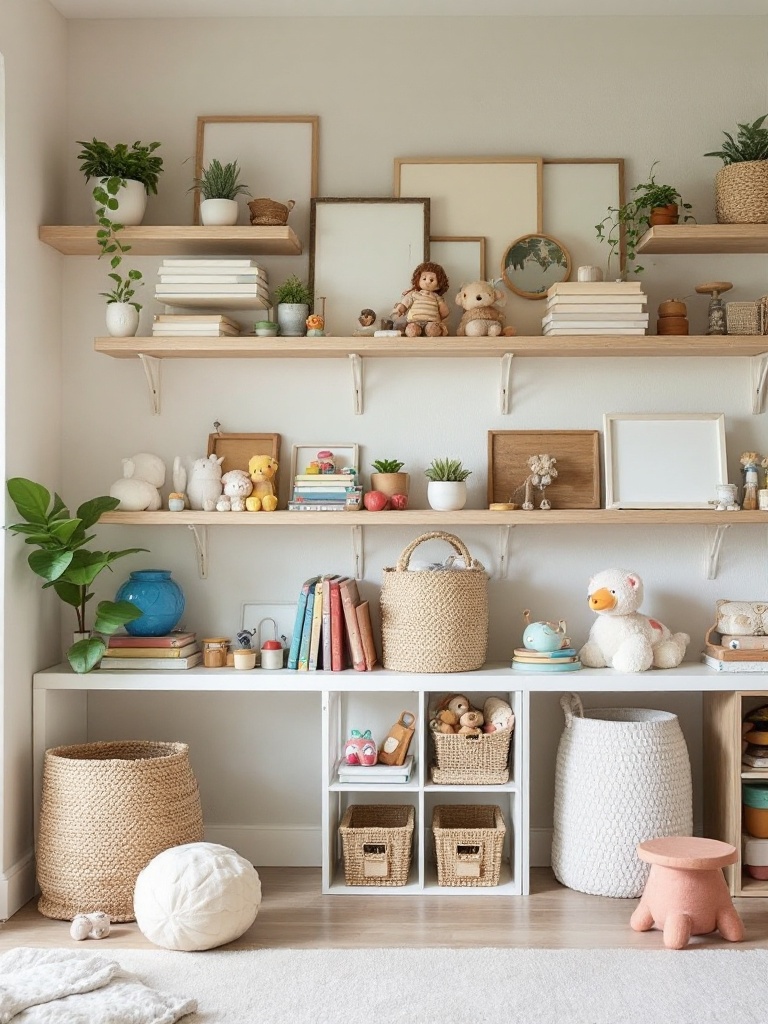 Children's room with low-level shelving for easy access to toys and books, promoting independence and organization.