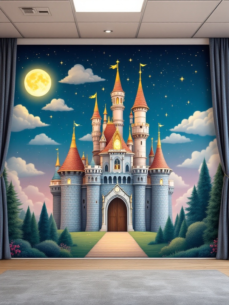 Colorful magical castle backdrop for classrooms, creating a fairy tale scene with clouds and stars.