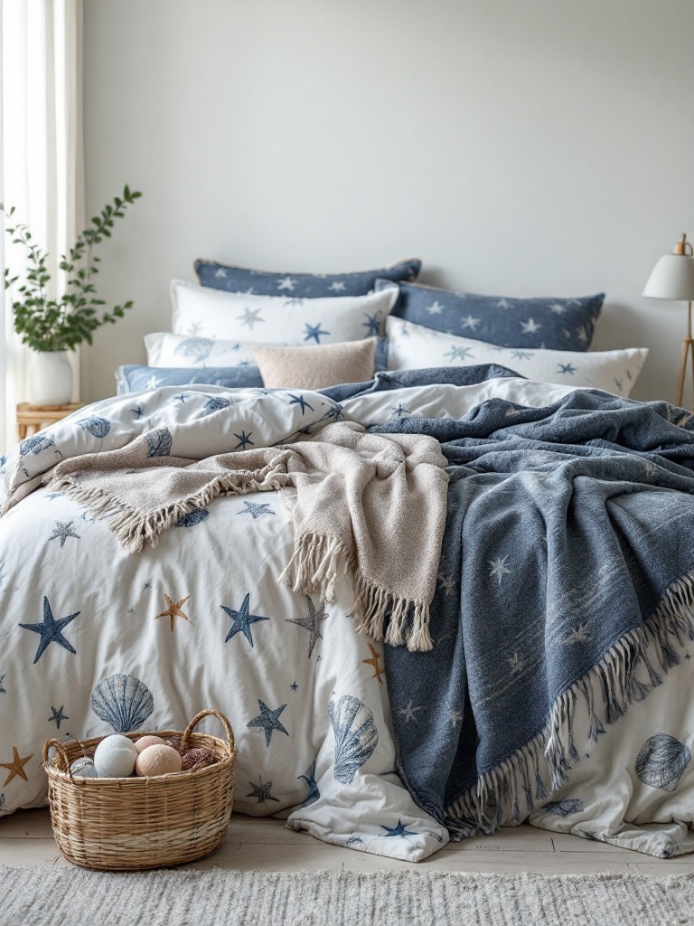 Cozy marine-inspired bedding with seashells, starfish patterns, layered with quilts and throws.