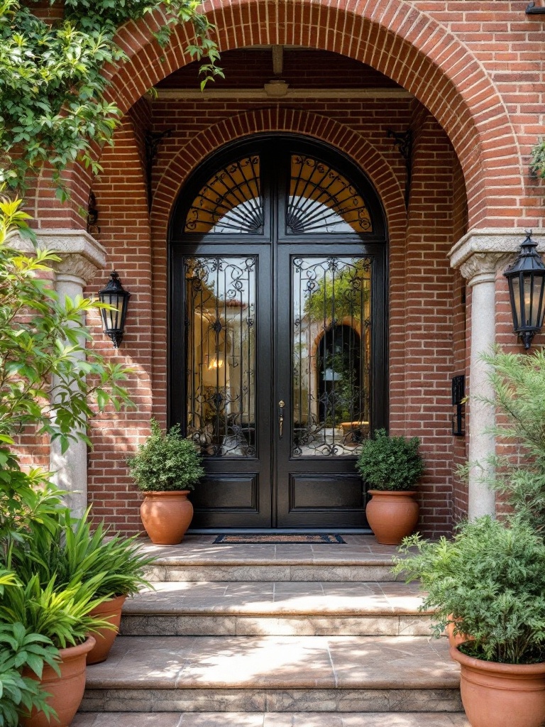 Red brick house transformed with Mediterranean design, featuring arched windows, greenery, and terracotta pots.