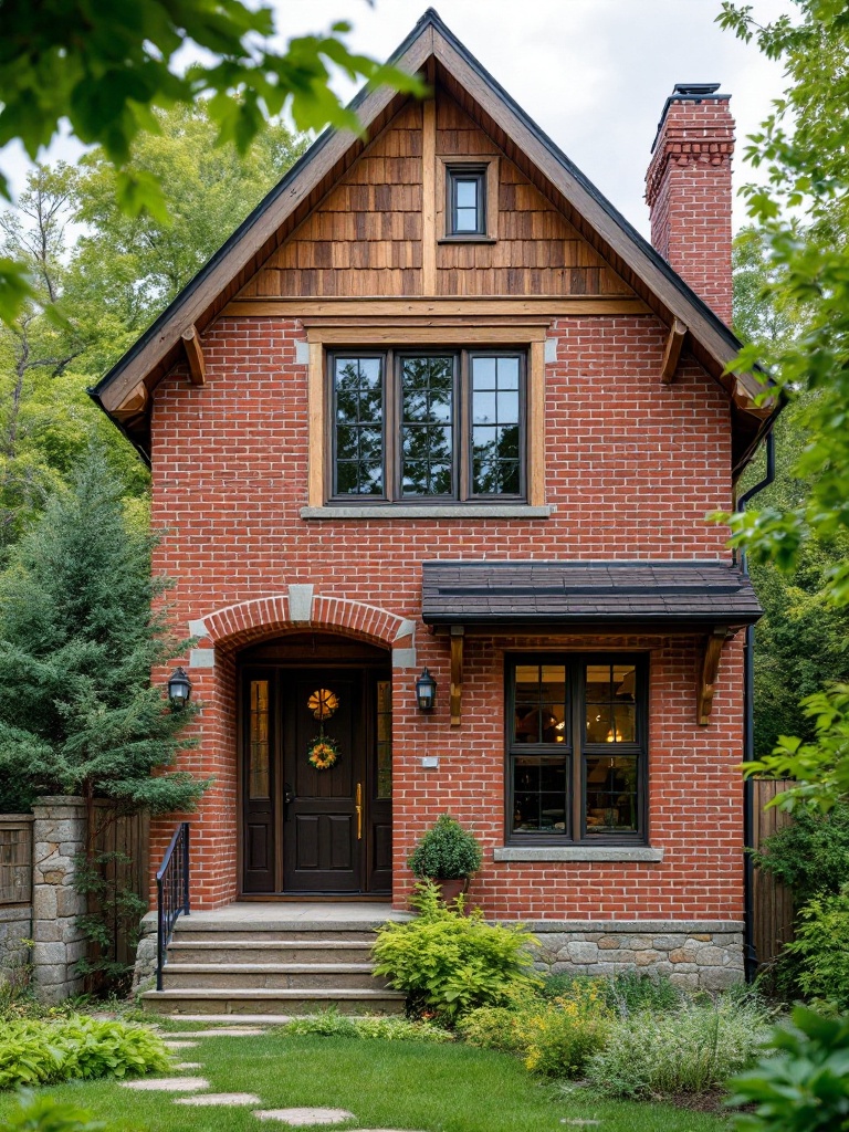 A home exterior featuring red brick complemented by wood and stone for a dynamic, personalized look.