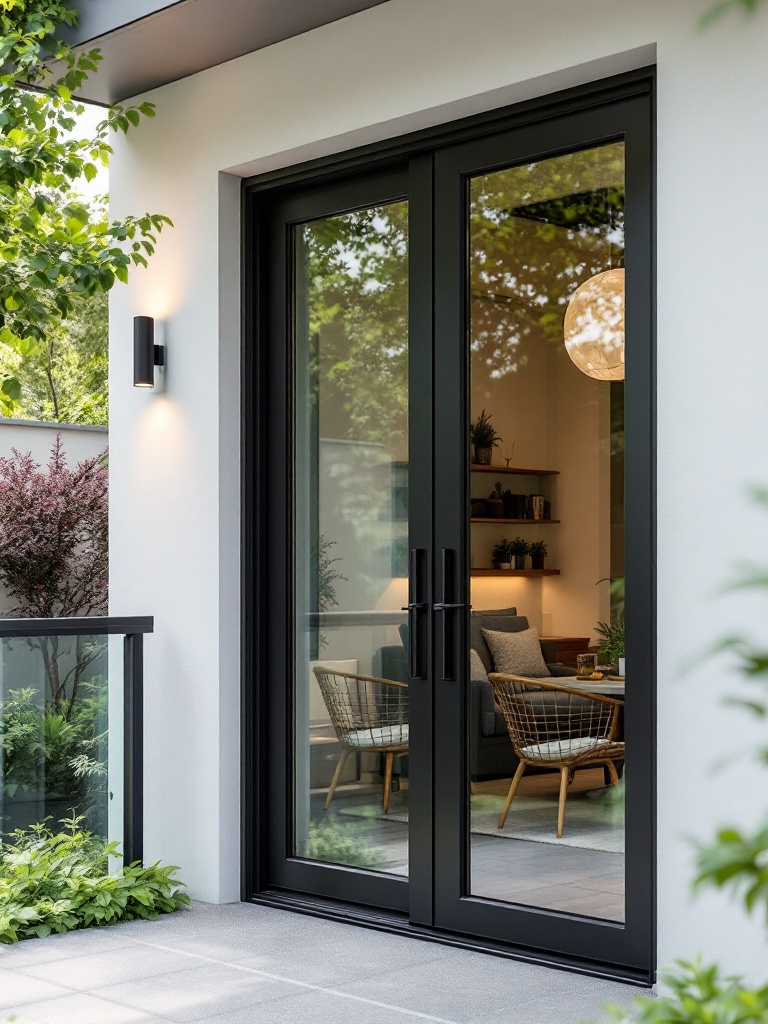 Modern black French doors contrast with light walls, enhancing a minimalist patio with greenery and style.