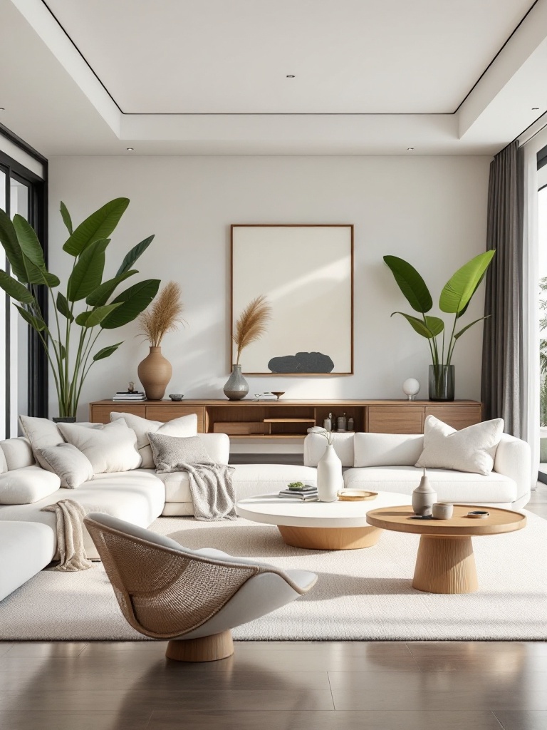 Modern furniture with organic shapes and clean lines in a tropical home, creating an airy feel.