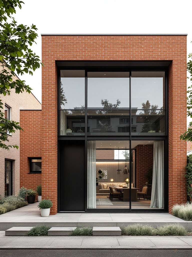 Modern red brick home with minimalist design, large windows, flat roof, and contrasting glass accents.