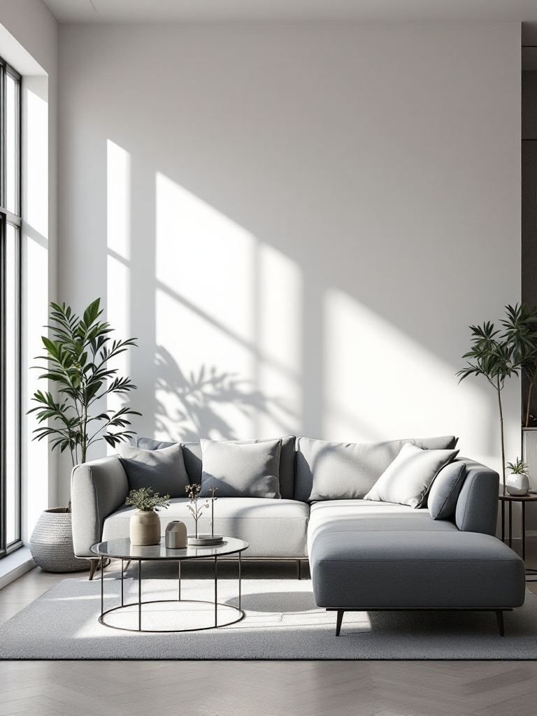 Modern minimalist living room with grey couch, glass coffee table, and geometric decor in neutral colors.