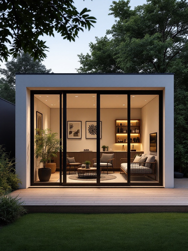 Modern shed featuring sleek lines, neutral colors, and sliding doors, serving as a versatile space.