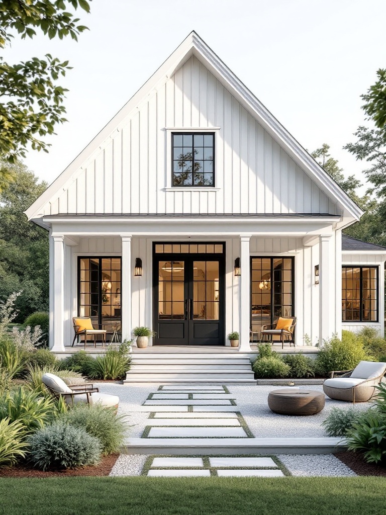 Modern white farmhouse with clean lines, large windows, and native plant landscaping for a sleek design.