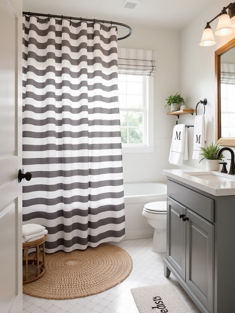 Monogrammed bathroom decor with towels, bath mats, and shower curtains in elegant, coordinating colors.