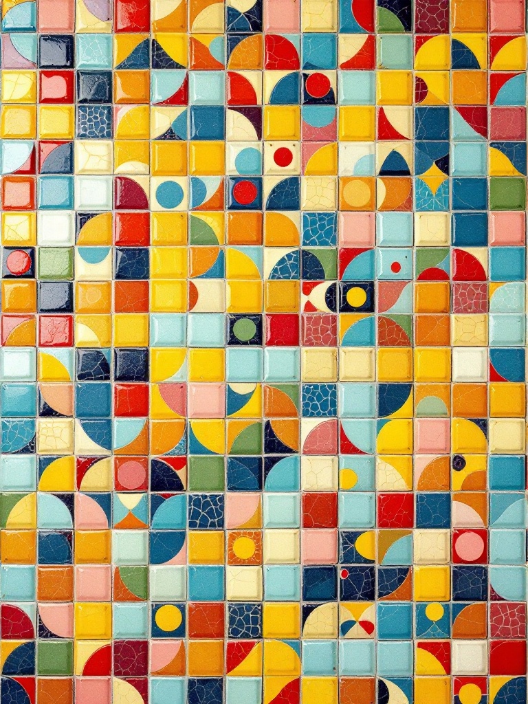 Colorful mosaic tile wallpaper with a retro vibe suitable for kitchens, bathrooms, and living areas.