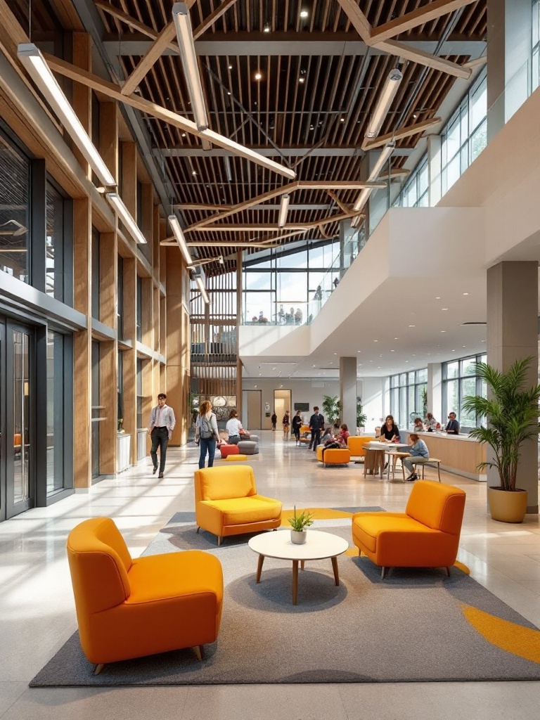 Lobby designed for multiple purposes with moveable furniture for meetings and community events.