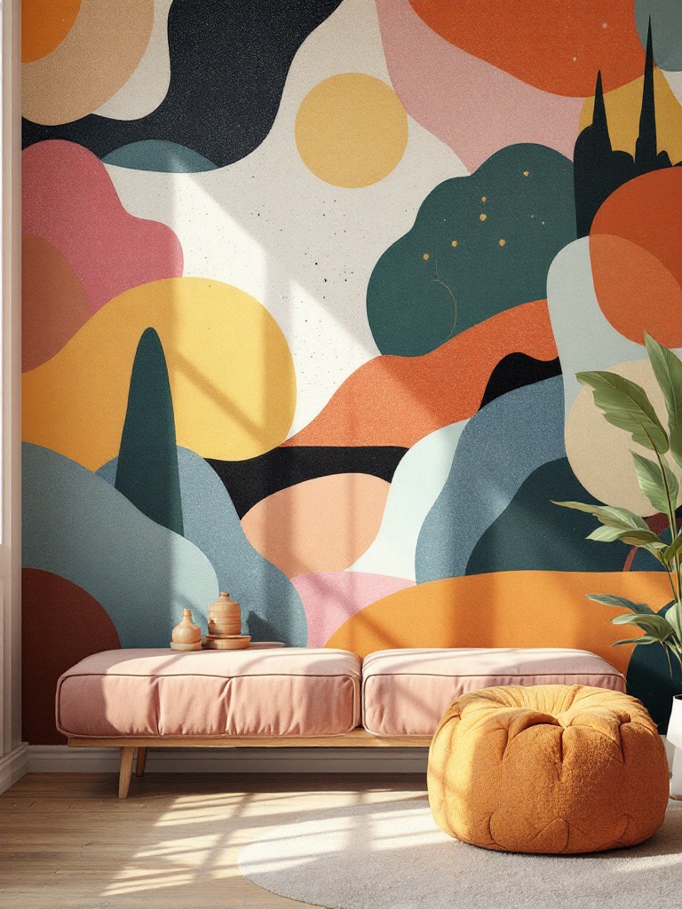 A vibrant mural showcasing abstract patterns, adding a dramatic focal point to the beautifully styled room.