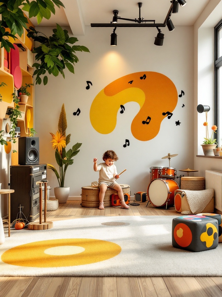 Children engaging in music and movement with instruments, dancing, and enhancing physical activity.