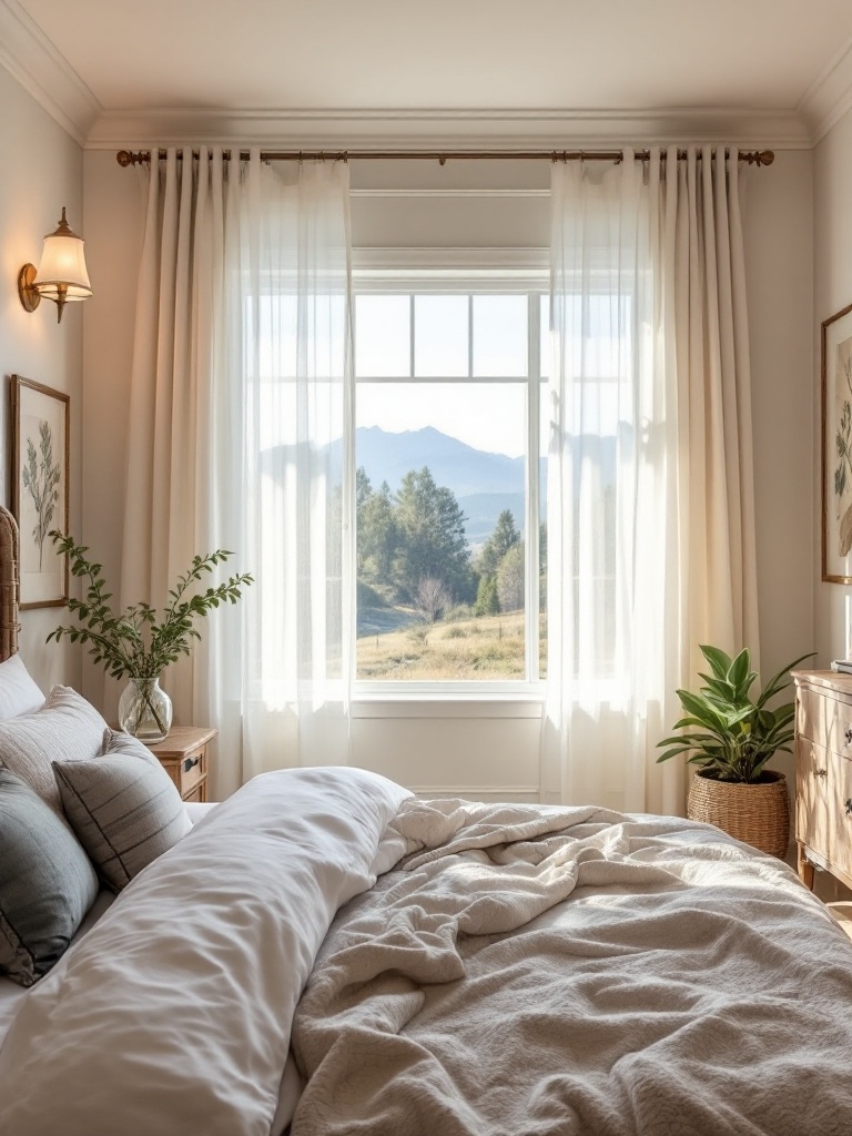 Bright bedroom with sheer curtains, soft lighting, and a cozy cowgirl retreat ambiance.