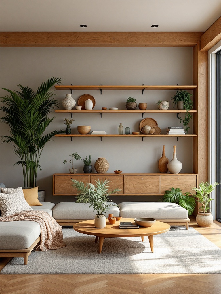 Natural wood furniture and decor pieces in a tropical setting, showcasing teak, bamboo, and reclaimed wood.
