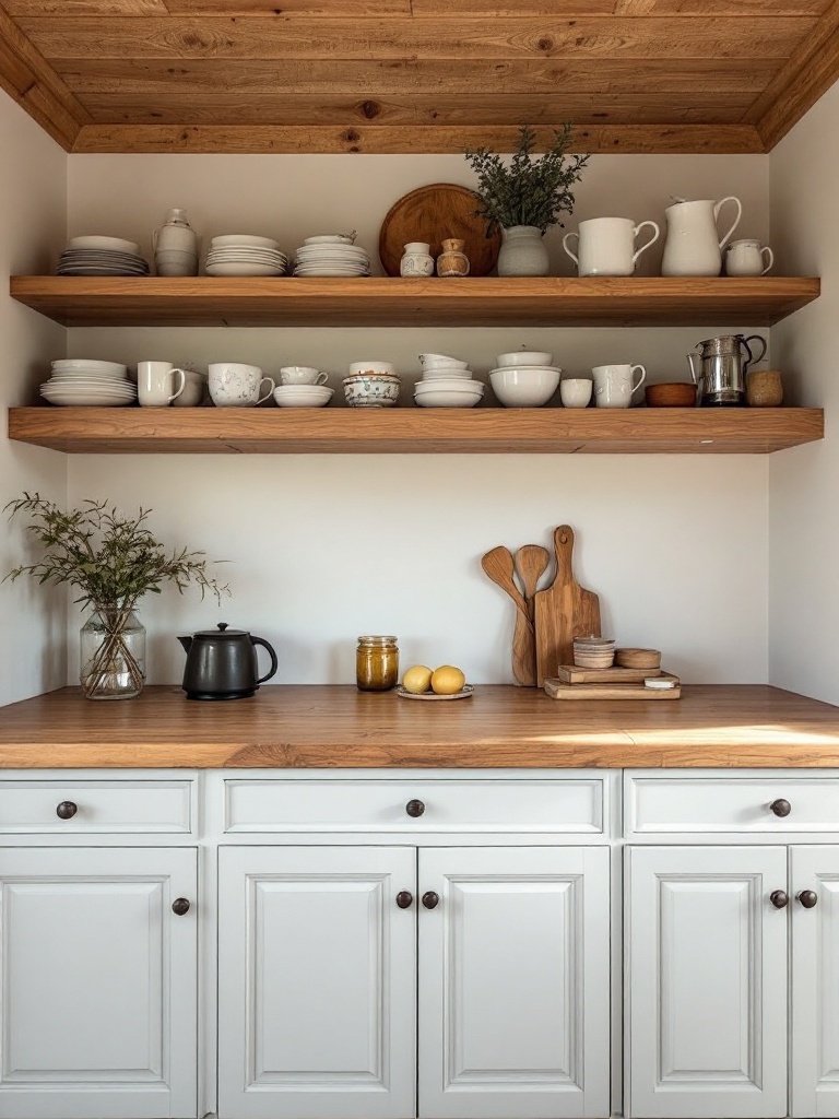 Wooden cabinetry and shelving in a warm kitchen, showcasing dishware with a cozy and inviting feel.