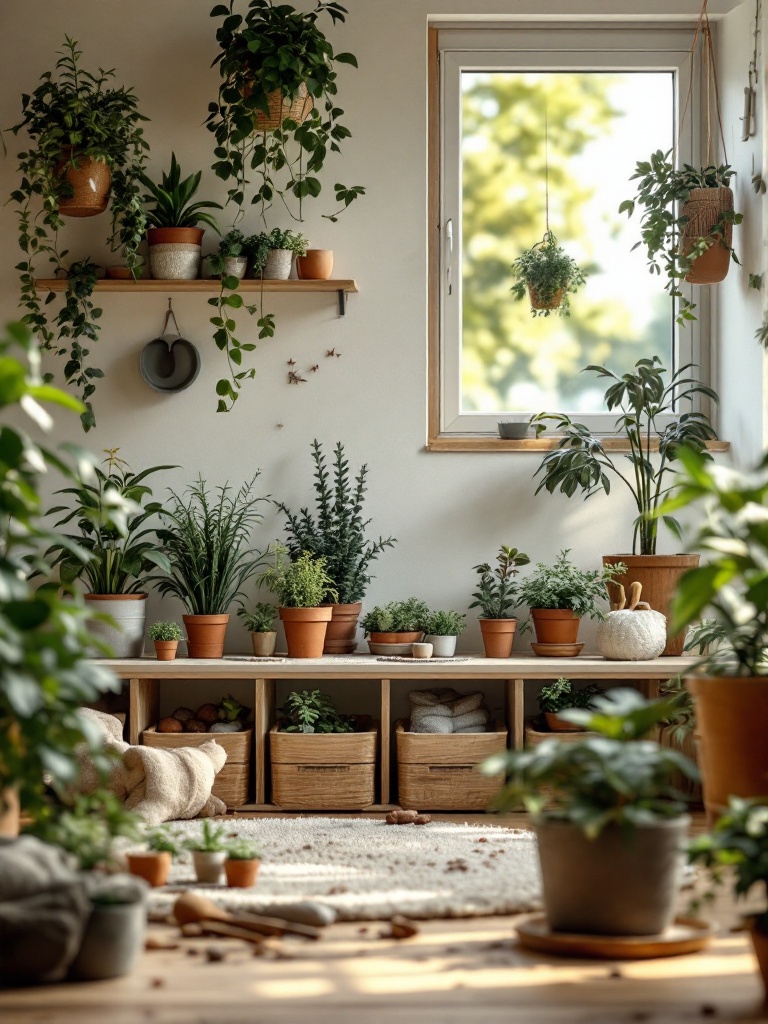 Daycare nature zone with plants, gardening tools, and decorations, fostering curiosity and imaginative play.
