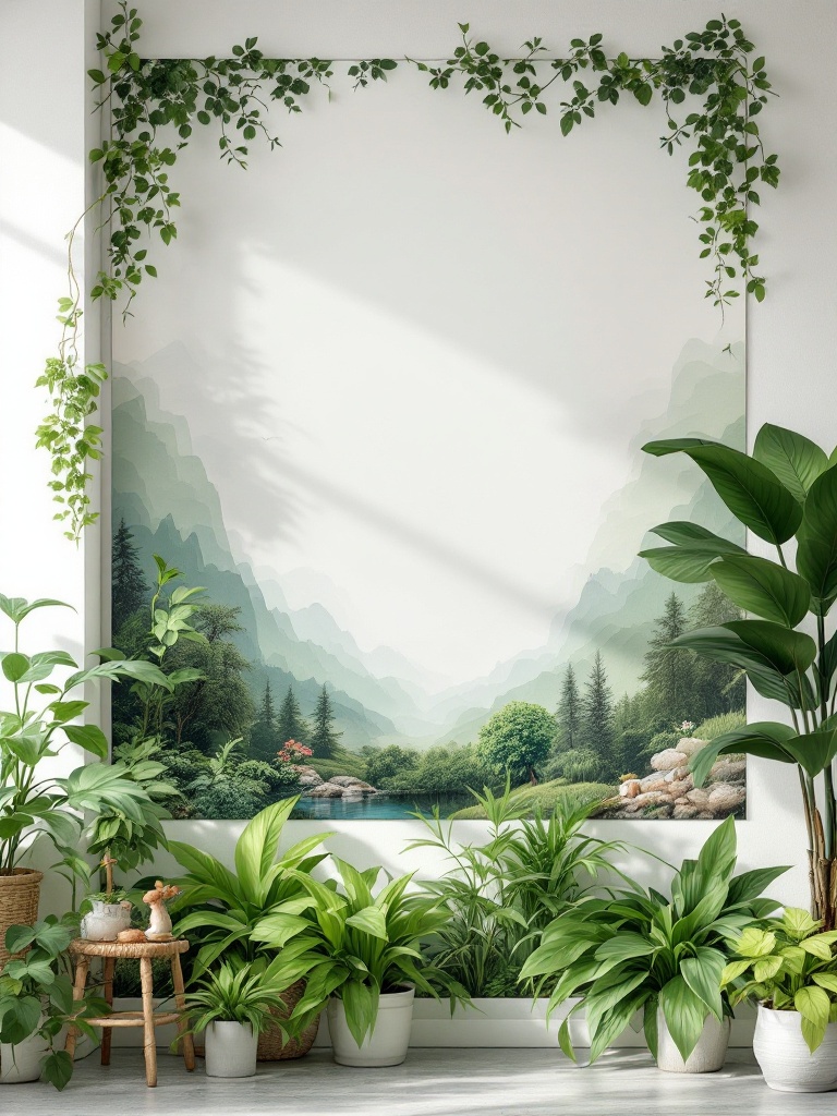 Nature-inspired classroom wall display featuring landscapes, plants, and real greenery for a calm atmosphere.