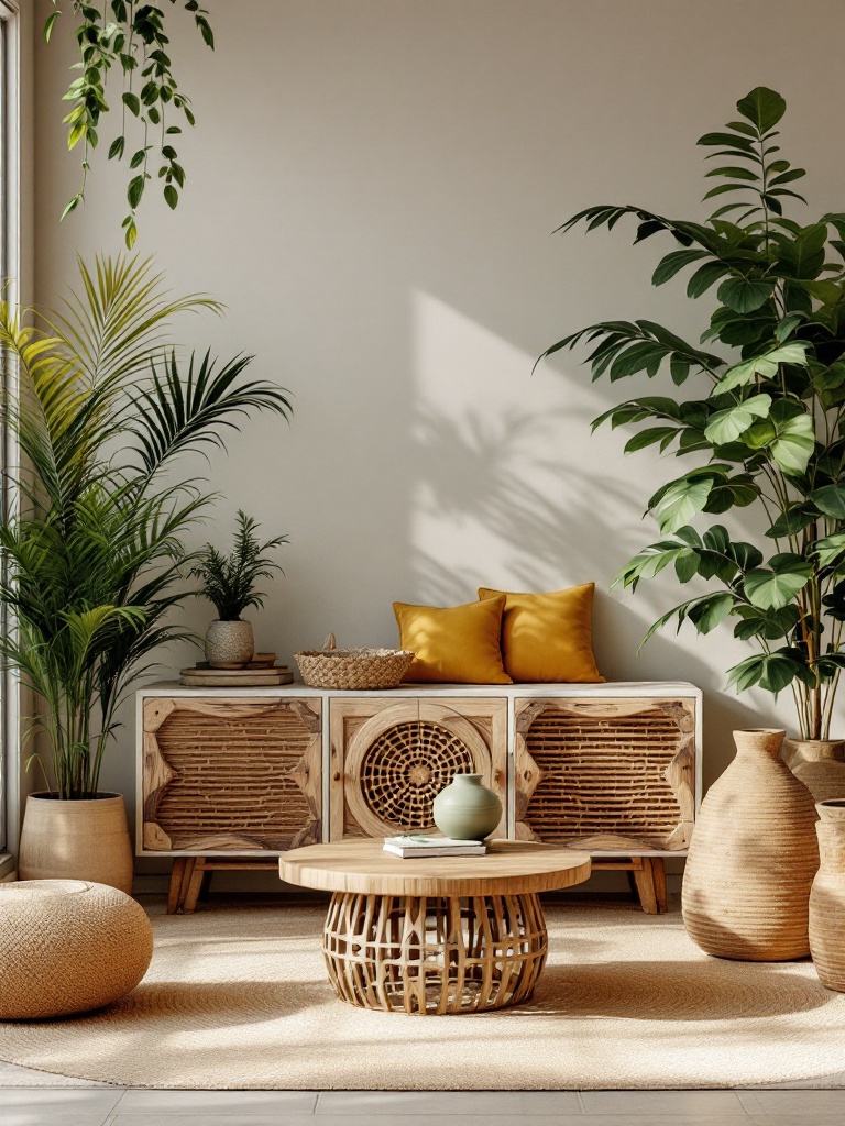 Modern African decor features plants, wooden fixtures, and stone accents, evoking nature's beauty indoors.