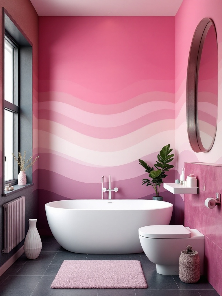 Ombre pink bathroom walls transitioning from dark to light for a trendy and artistic visual impact.
