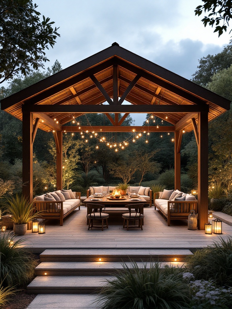 Open-air pavilion with seating, surrounded by nature, enhanced by string lights for evening gatherings.