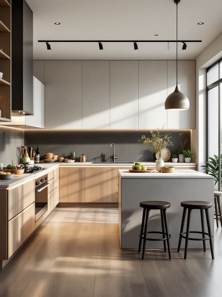 Open-concept kitchen with island, enhancing social interaction, natural light, and spacious living areas.