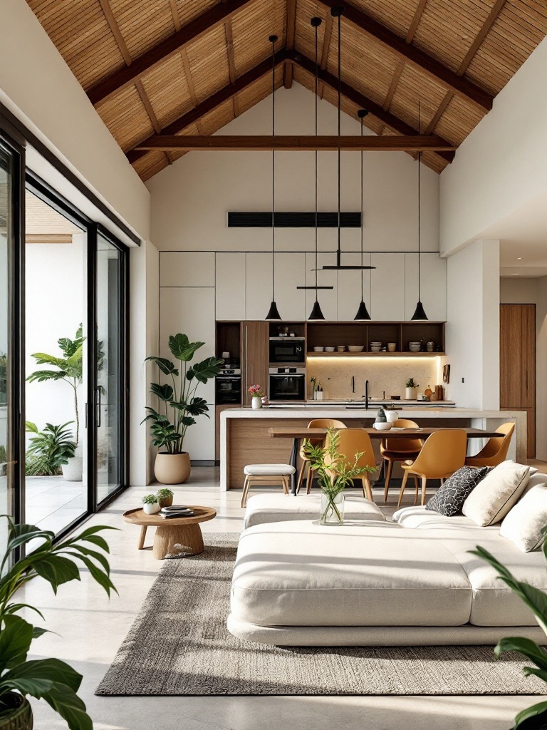 Modern tropical house interior showcasing open floor plan, emphasizing flow, light, and functional furniture.