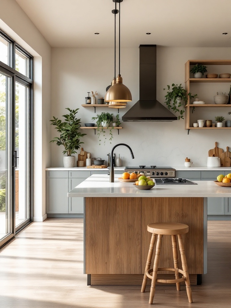 An open kitchen layout with an island promotes family interaction and creates a warm, welcoming space.