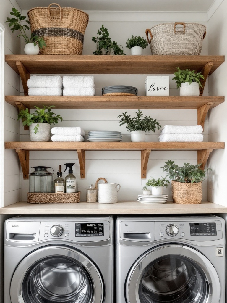 Open shelving in a laundry room displays baskets, towels, and plants, enhancing a rustic farmhouse style.