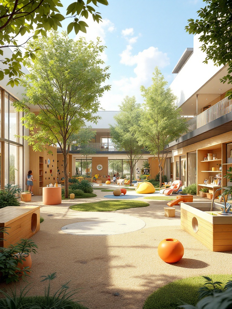 Outdoor learning space with climbing equipment, sandboxes, and areas for art and scientific exploration.