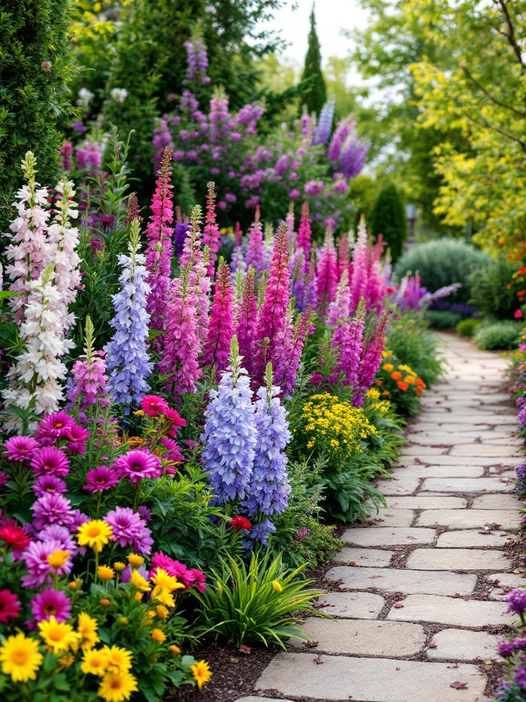 Perennial flower beds with varied heights and blooms provide vibrant, seasonal color and attract pollinators.