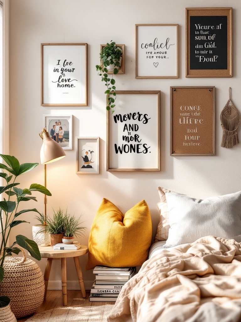 A cozy dorm room decorated with framed photos, inspirational quotes, plants, and personal souvenirs.