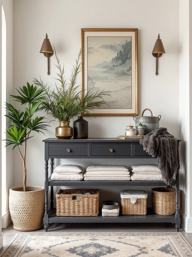 A personalized entrance decor featuring cherished souvenirs and family heirlooms for a warm ambiance.
