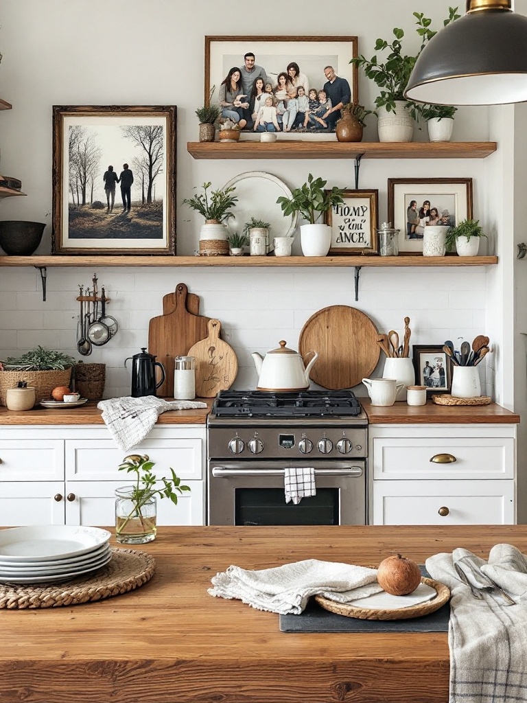 A cozy kitchen displaying family photos and heirloom dishes, creating a warm and inviting atmosphere.