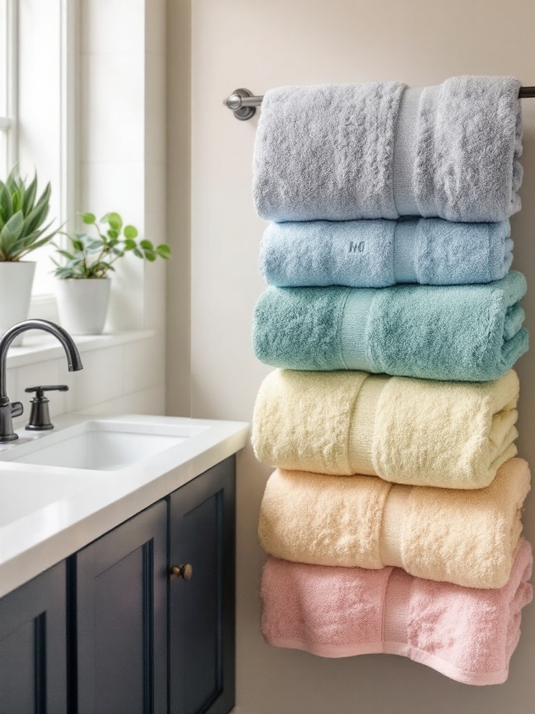 Customized towels in vibrant colors with monograms to enhance and personalize a stylish bathroom.
