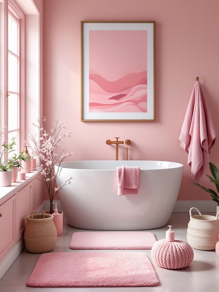 Bathroom decor featuring pink accessories like soap dispensers, bath mats, and artwork for a fresh look.