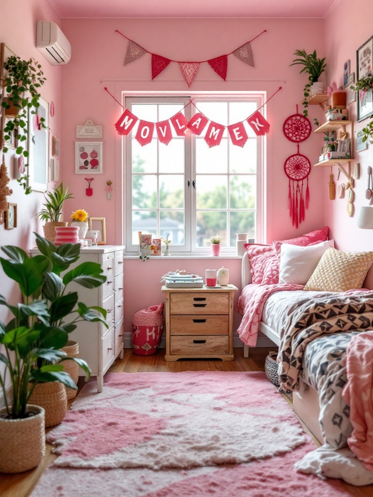 A creatively decorated dorm room with pink DIY decor items like painted jars, banners, and dreamcatchers.
