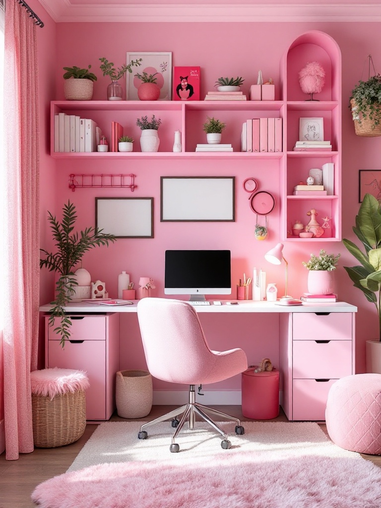 A stylish dorm room with pink furniture, including a chair and desk, featuring vibrant decor and storage.