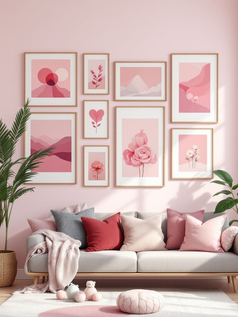 Gallery wall with various pink-themed art and photos in mixed frames, showcasing creativity and style.