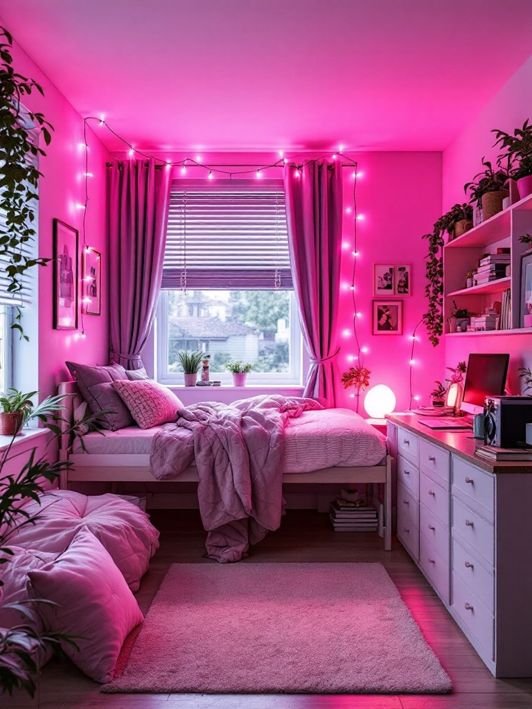 Cozy dorm room illuminated with pink lighting from a lamp and string lights, enhancing the decor.