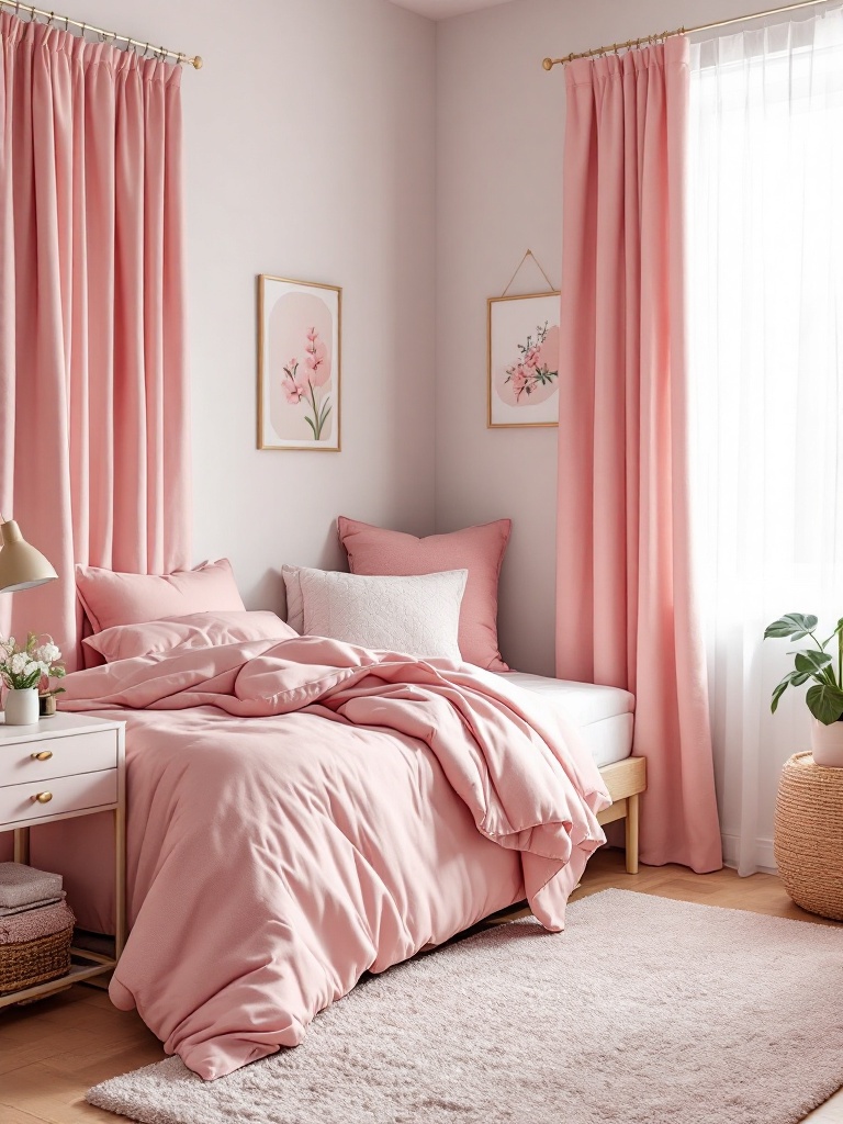 Soft pink textiles in a dorm room, including rugs, curtains, and bedspreads, create warmth and style.