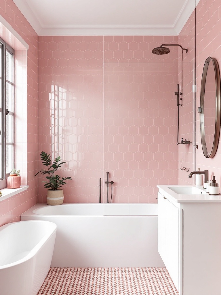 Fresh pink tiles in various shapes enhance a modern bathroom, balanced by white and neutral elements.