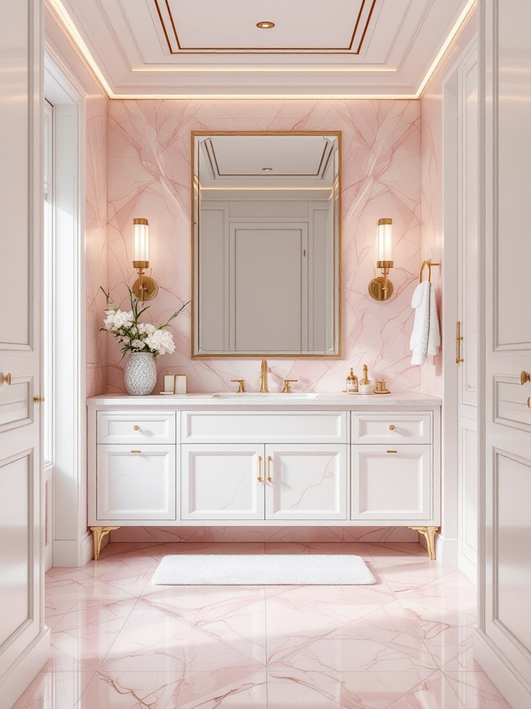 Luxurious bathroom with pink marble tiles, white cabinetry, and gold fixtures for a sophisticated look.