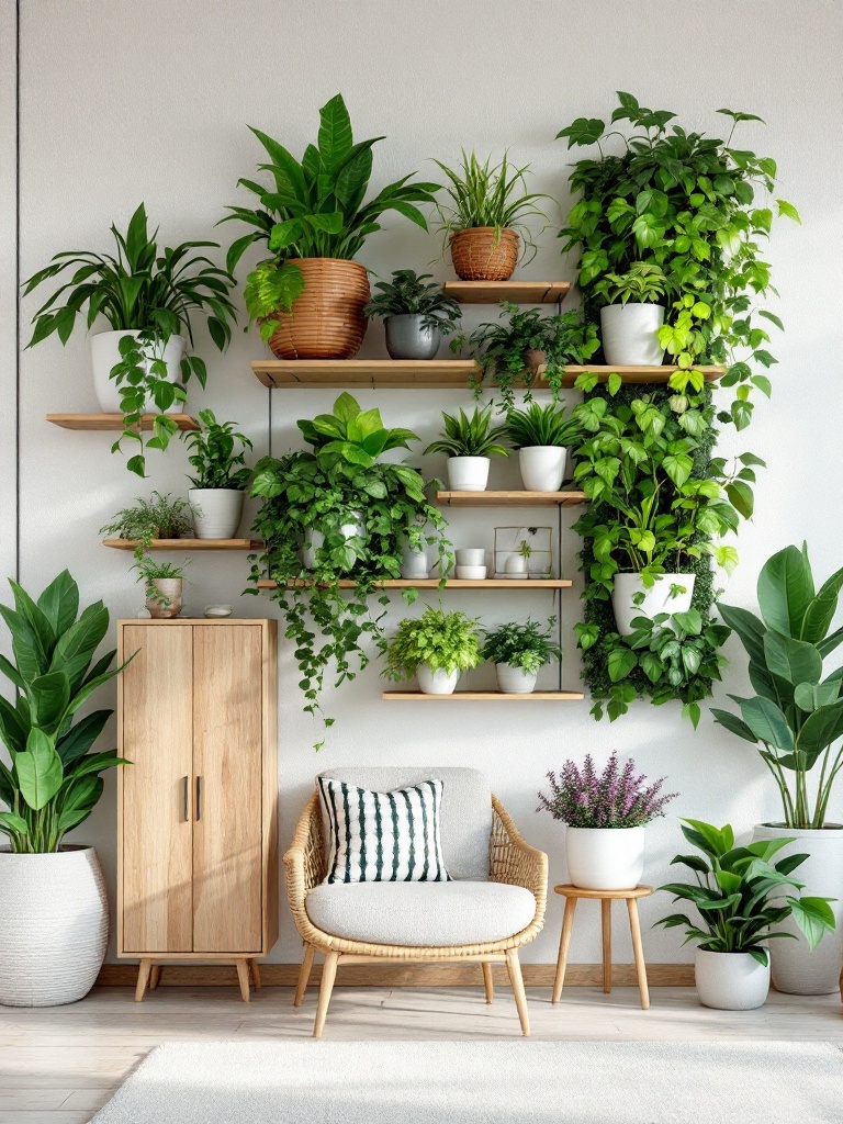 A vibrant plant wall with various planters adds greenery and art to a home, enhancing decor and air quality.