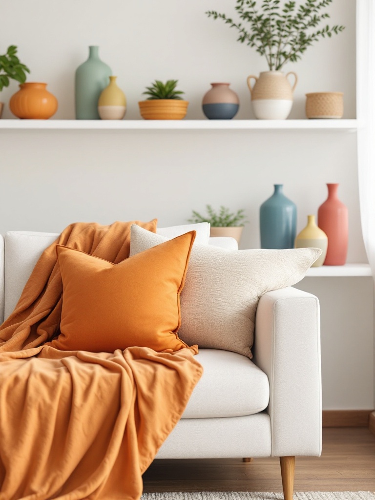Colorful accessories like cushions, throws, and vases enhance a minimalist home without cluttering.