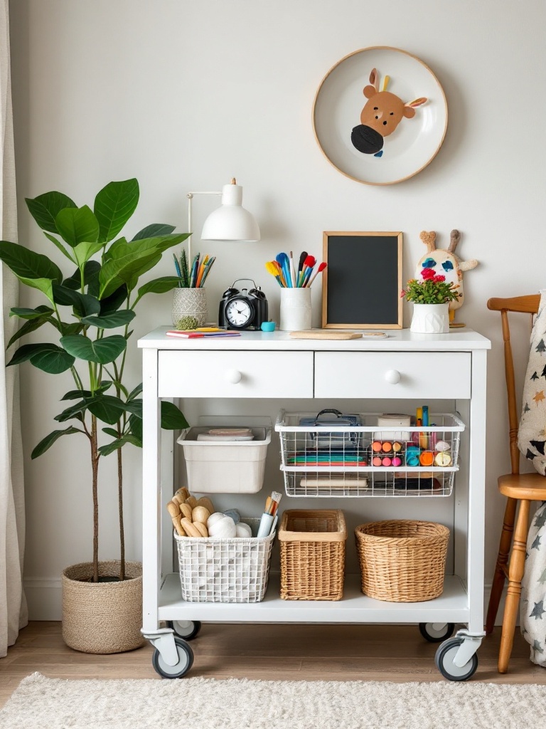 A portable rolling cart filled with art supplies and games, showcasing organized play in a small space.