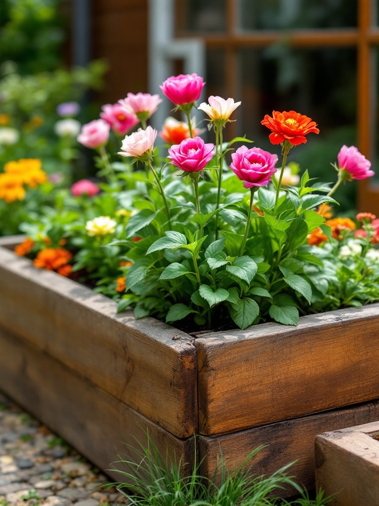 A beautiful raised flower bed made of wooden planks, showcasing various colorful flowers in a garden.