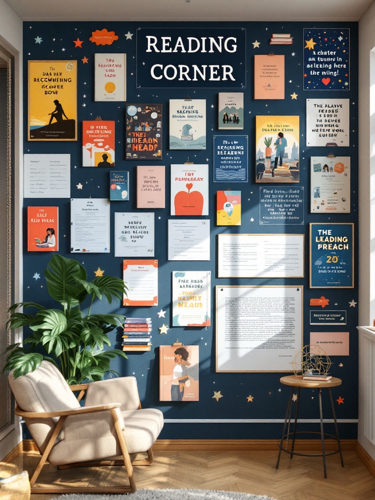 A vibrant reading corner wall featuring recommended books, author quotes, and student book reviews.