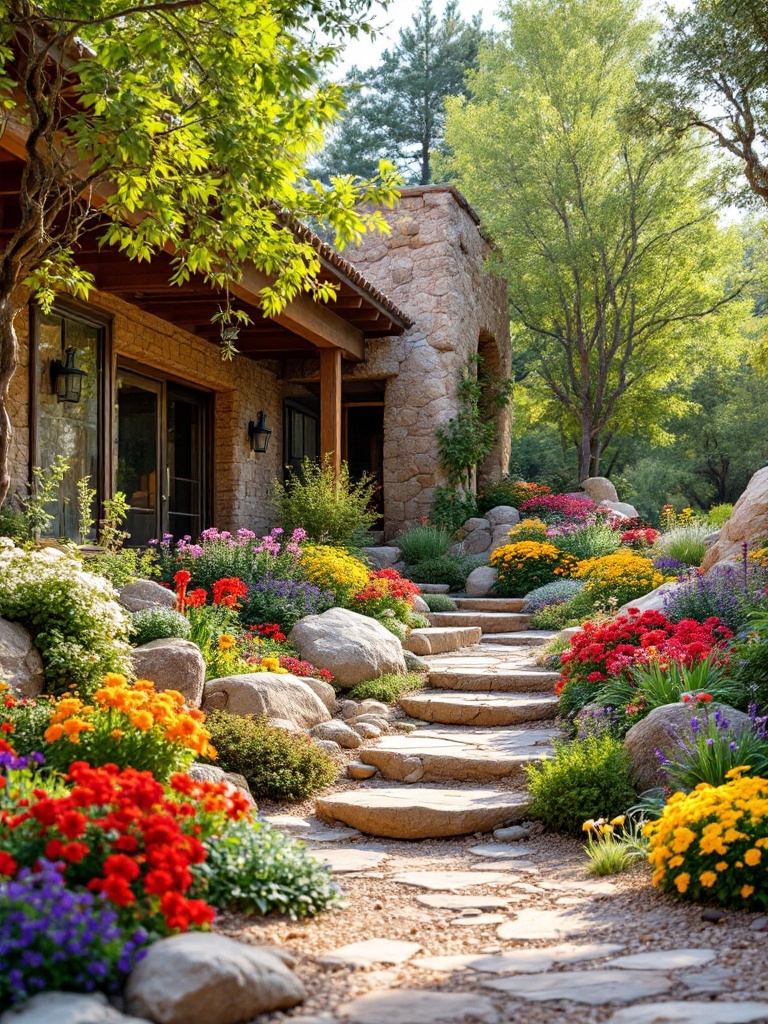 A rock garden featuring hardy, drought-resistant flowers alongside textured rocks and boulders.
